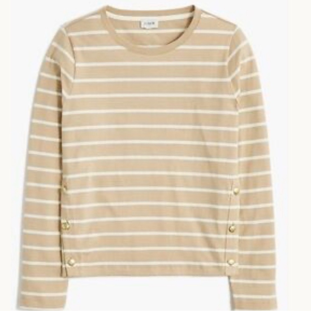 J.Crew Striped Beige‎ and White Long Sleeve Top with gold buttons Size XL